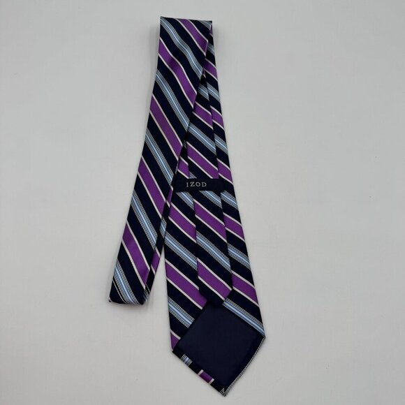 Izod Purple & Navy Striped 100% Silk Tie - Picture 3 of 5